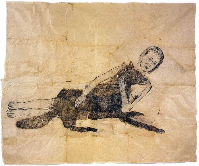 Kiki smith wolf lying wearing skin 2001 2005 choose board november